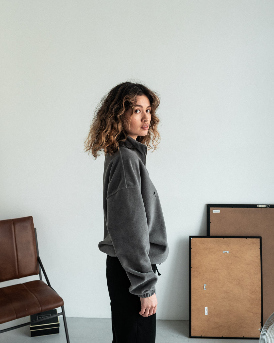 Embroidered Fleece ½ Zip Sweater  - Dark Grey