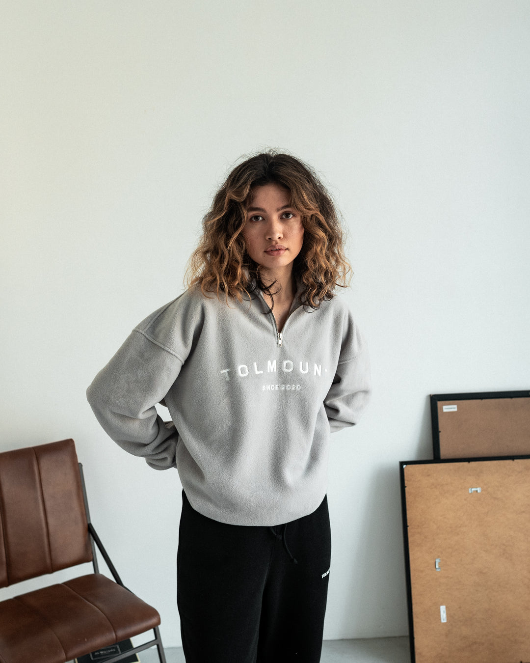 Embroidered Fleece ½ Zip Sweater - Light Grey