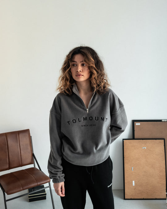 Embroidered Fleece ½ Zip Sweater  - Dark Grey
