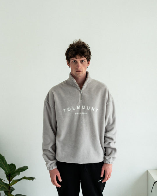 Embroidered Fleece ½ Zip Sweater - Light Grey
