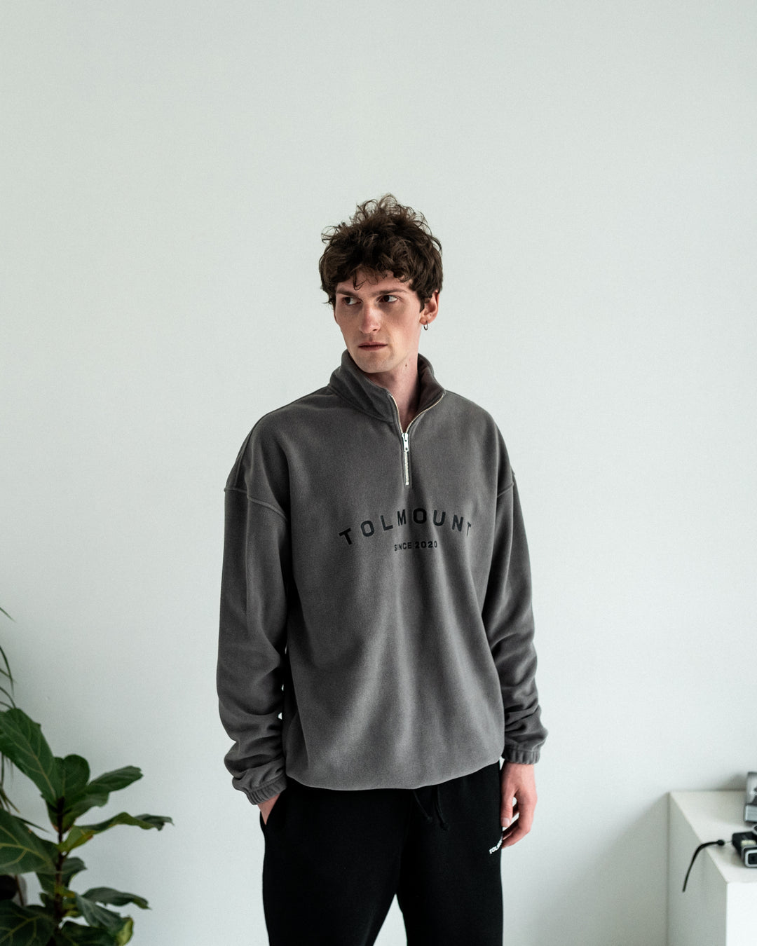 Embroidered Fleece ½ Zip Sweater - Dark Grey